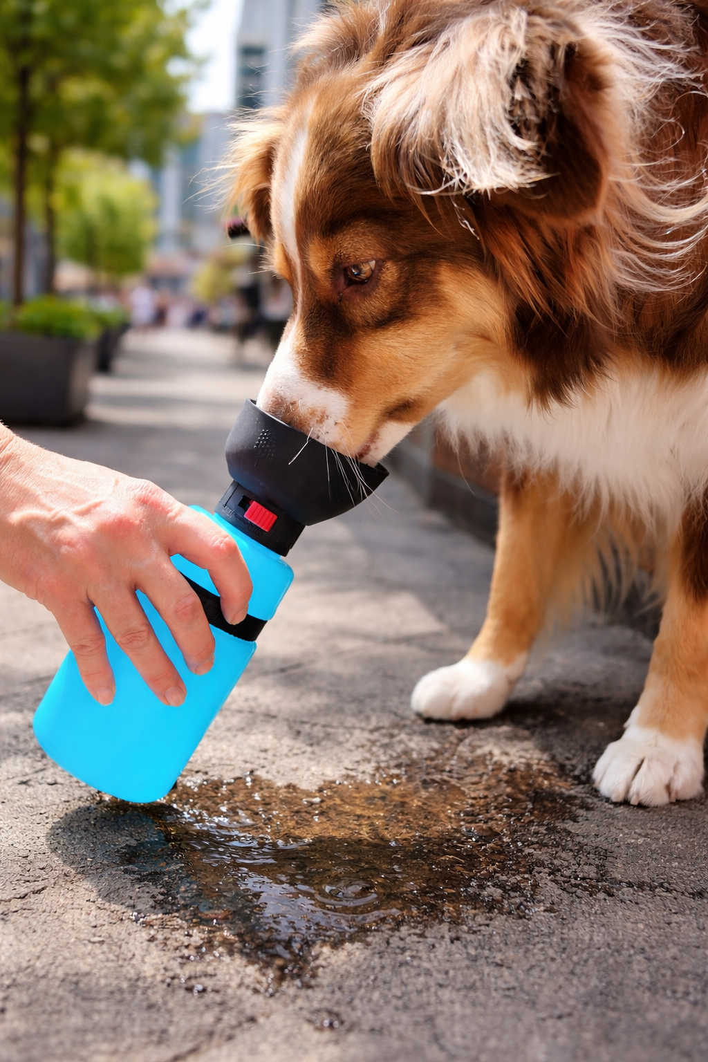 dog drinking in a water bottle while on walk