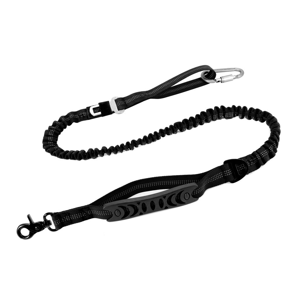 Black dog leash with handle and carabiner on a white background