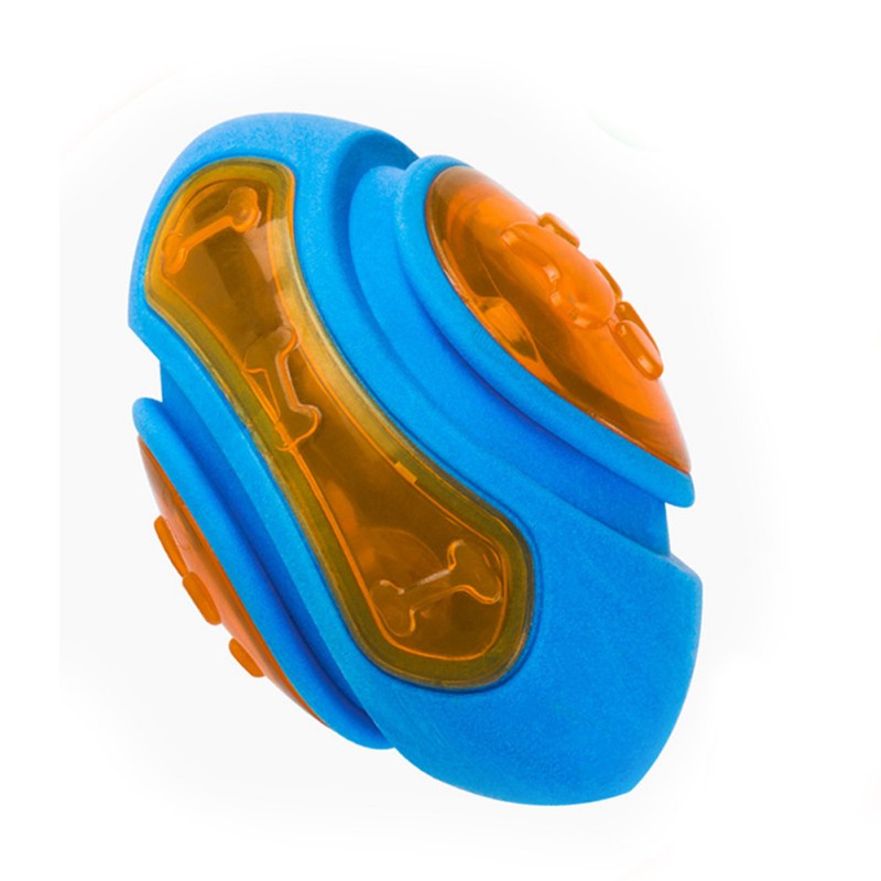 Blue and orange dog toy, football shape on a white background