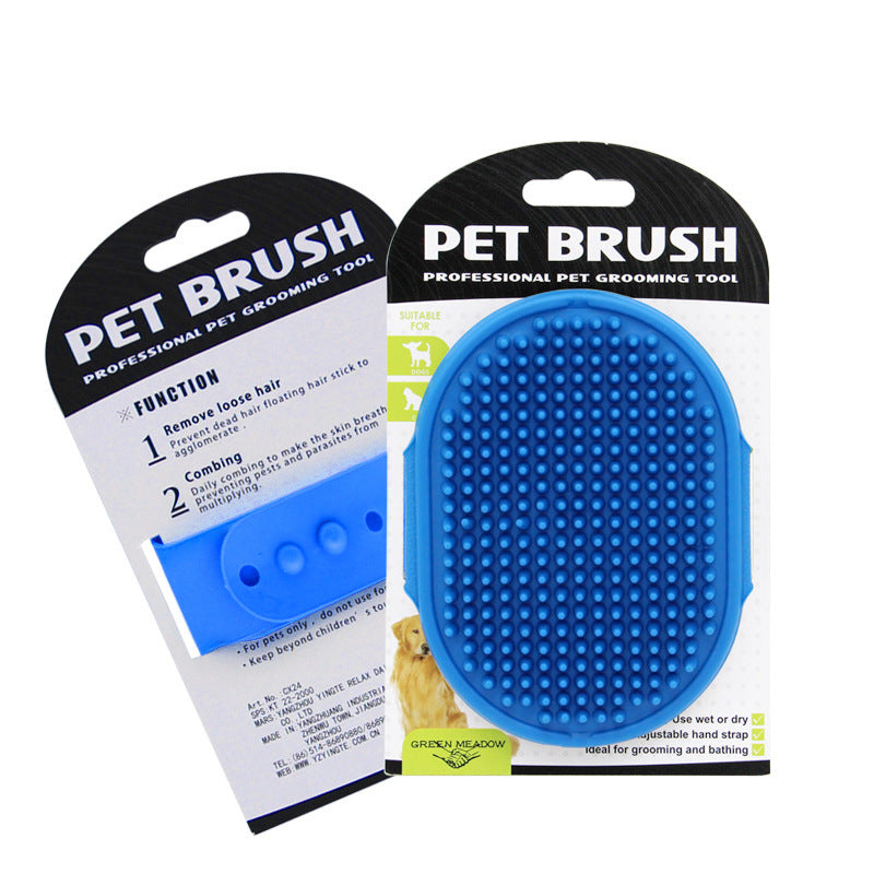Blue pet brush with packaging on a white background