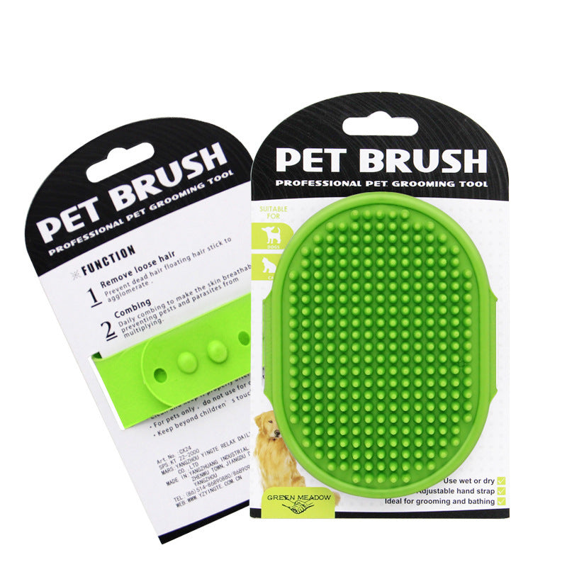 Green pet brush in packaging with text on a white background