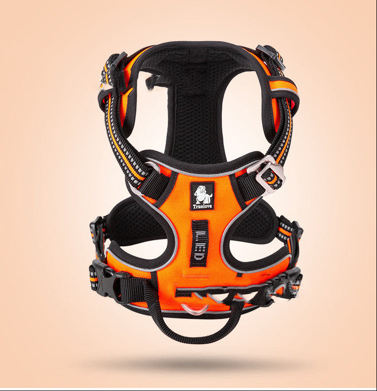 Orange and black dog harness on a beige background