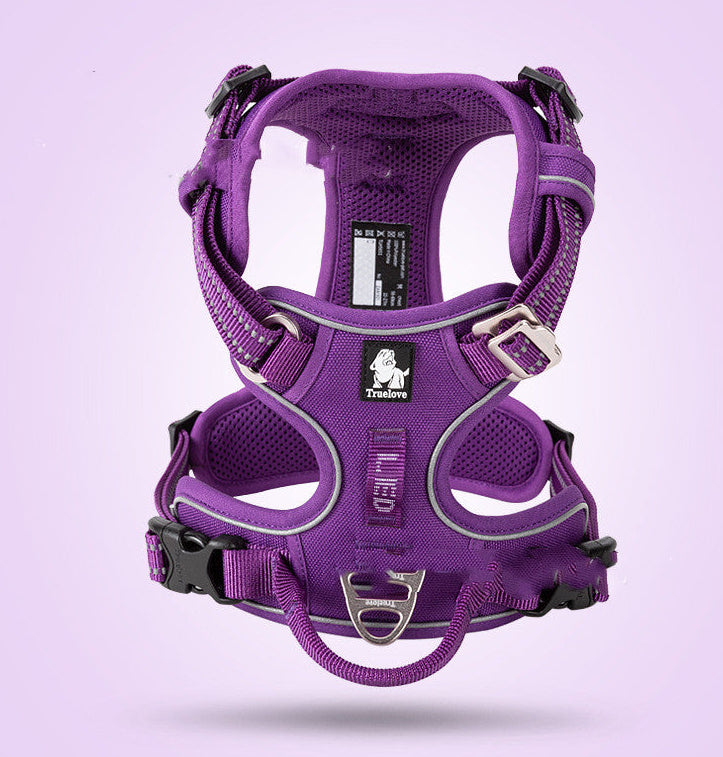 Purple dog harness on a light purple background
