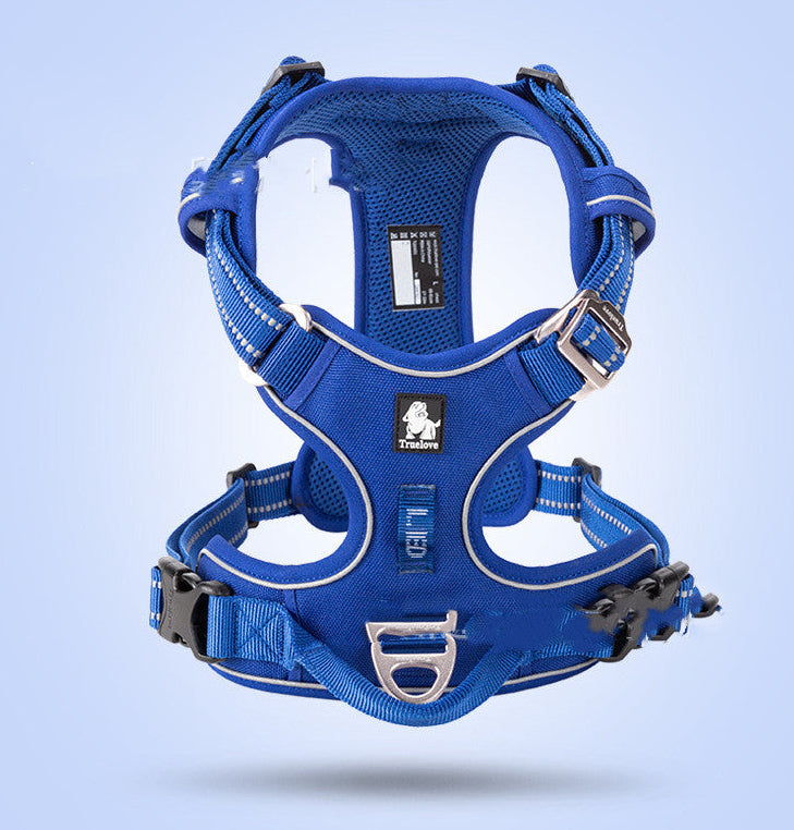 Blue dog harness on a light blue background