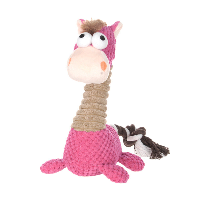 Pink and beige horse-shaped toy with a rope on a white background