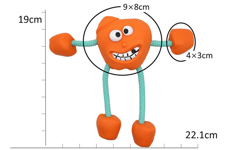 Orange dog toy with measurements on a white background