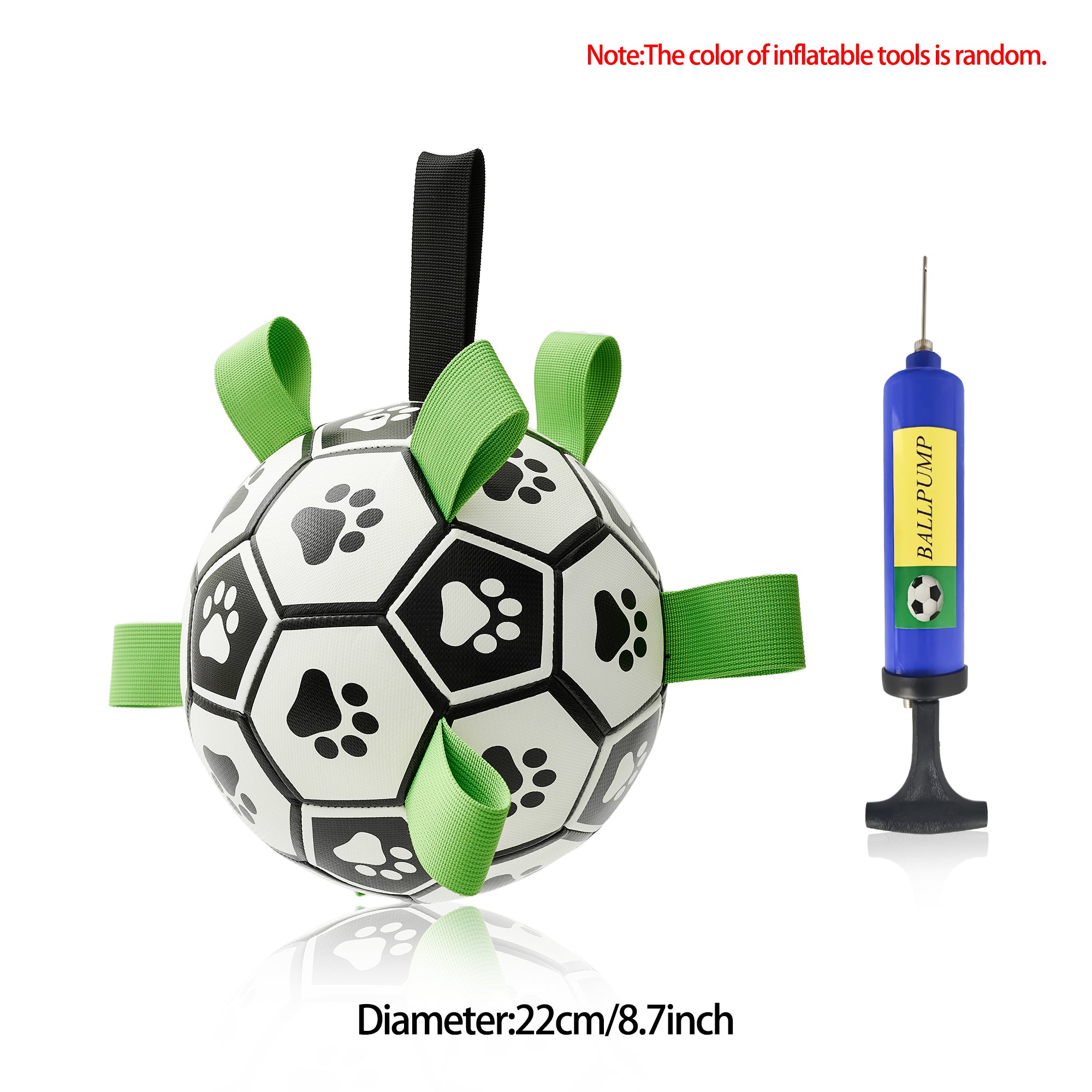 Dog toy with green ribbons and a pump on a white background