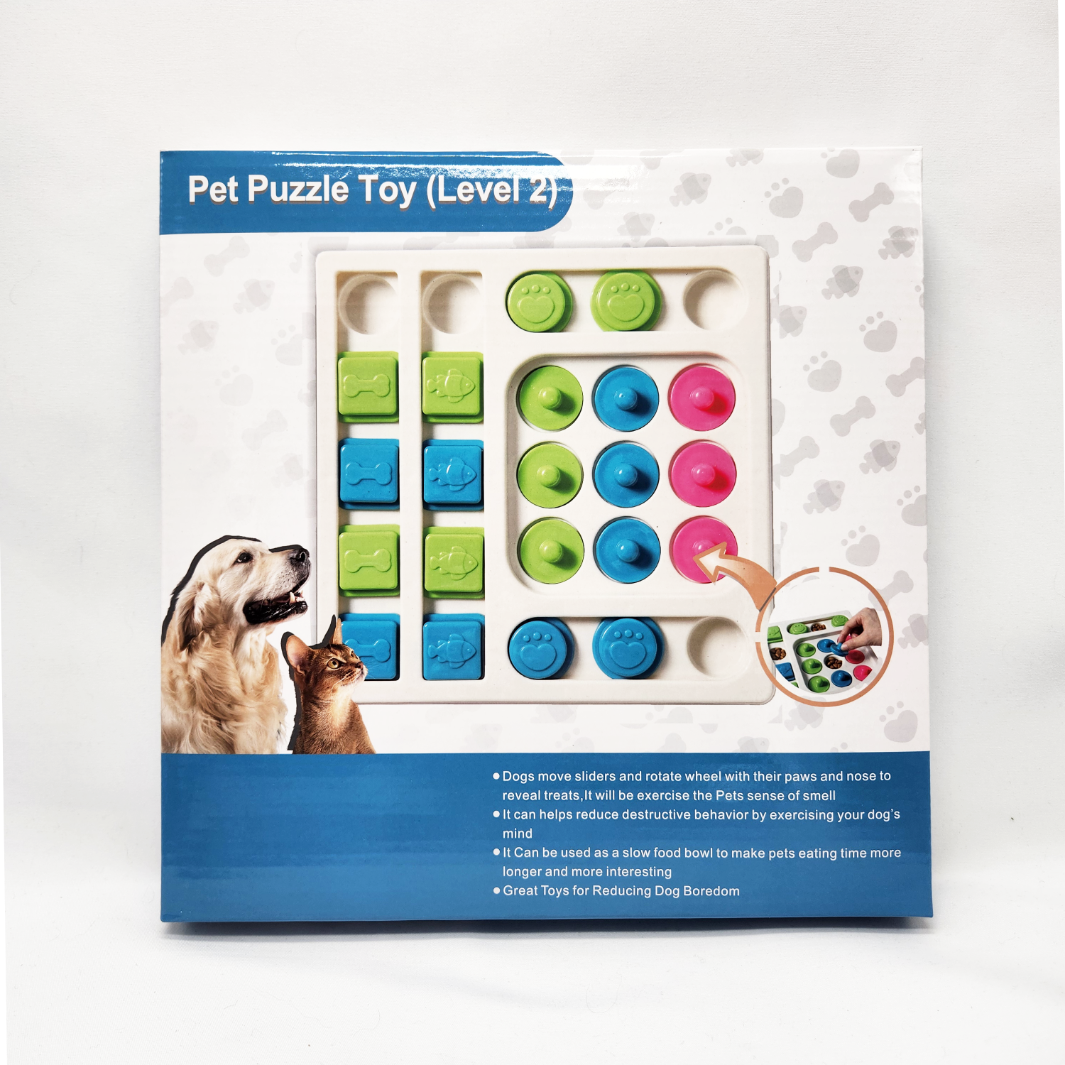 Pet puzzle toy packaging with colorful design on a white background
