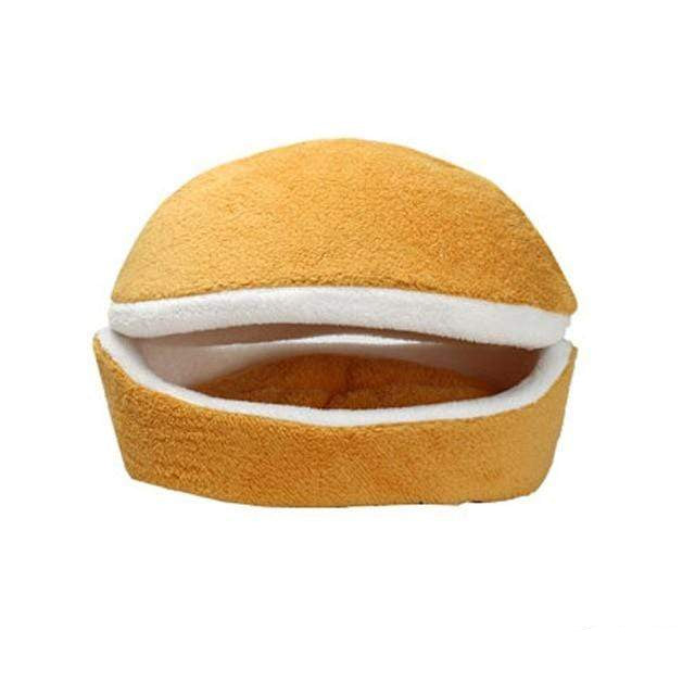 CAT pet bed with yellow bun and white patty on a white background