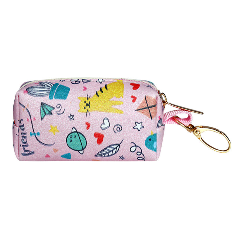 Pink poop bag dispenser pouch with colorful designs on a white background