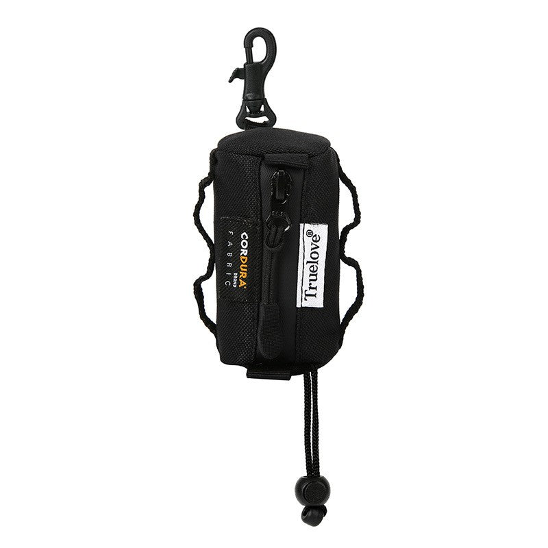 Black poop bag dispenser pouch with a clip and visible branding on a white background