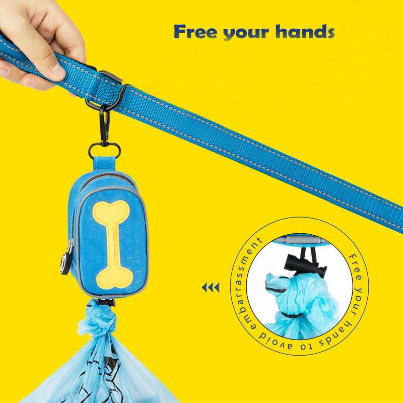 Blue dog leash holder with a bone design on a yellow poop bag dispenser background
