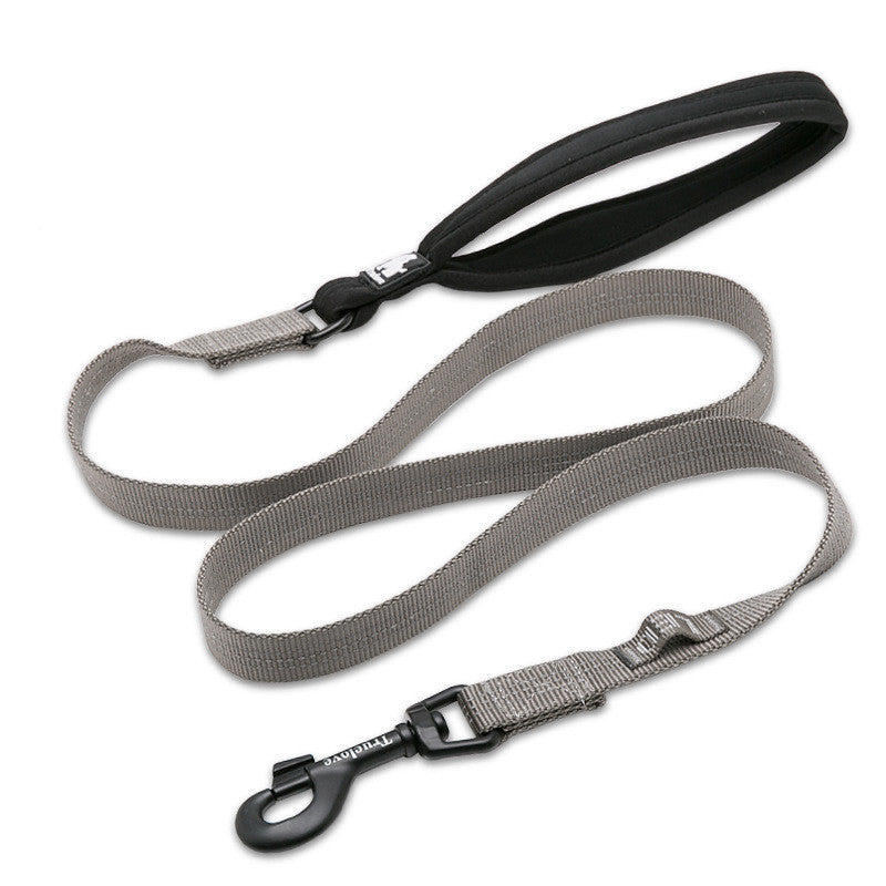 Gray dog leash with black clips on a white background