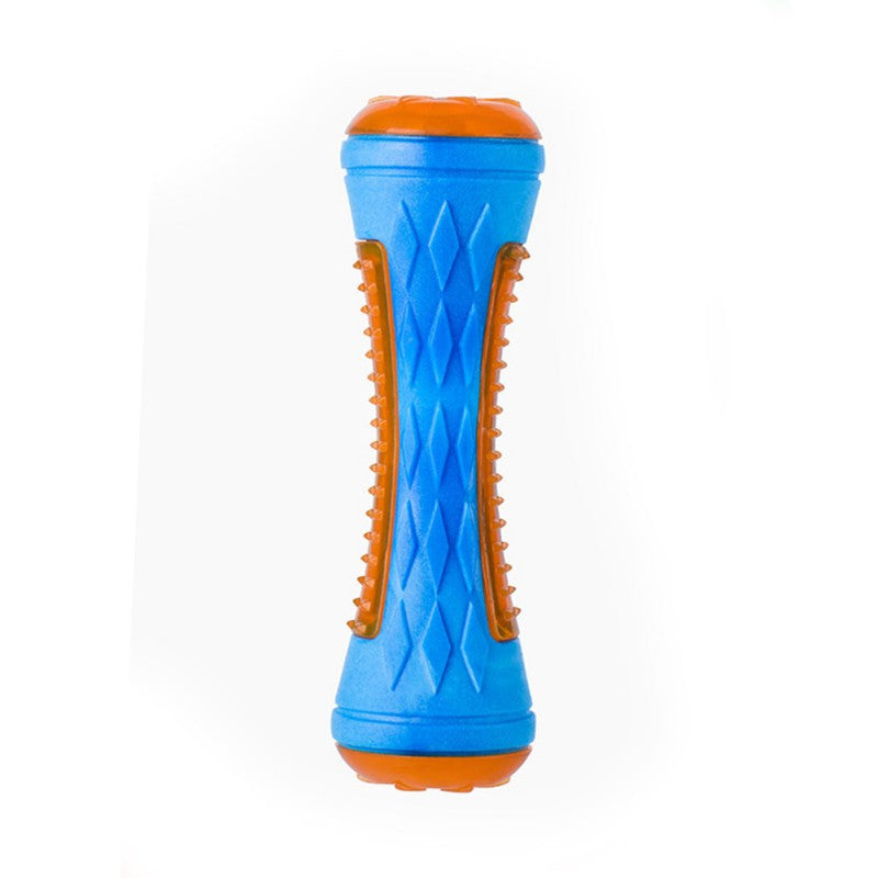 Blue and orange textured dog toy on a white background