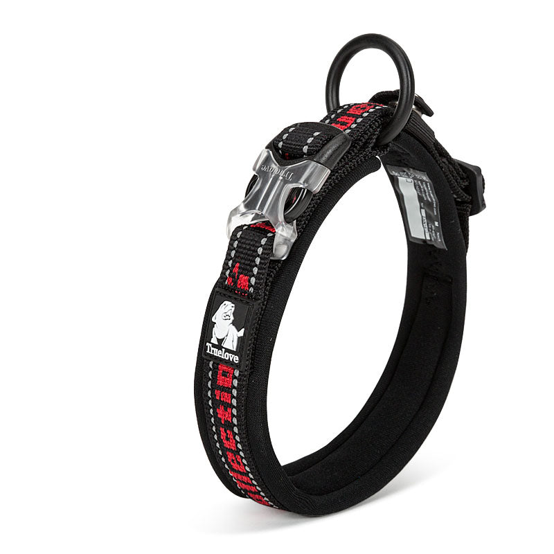 Black dog collar with red accents on a white background