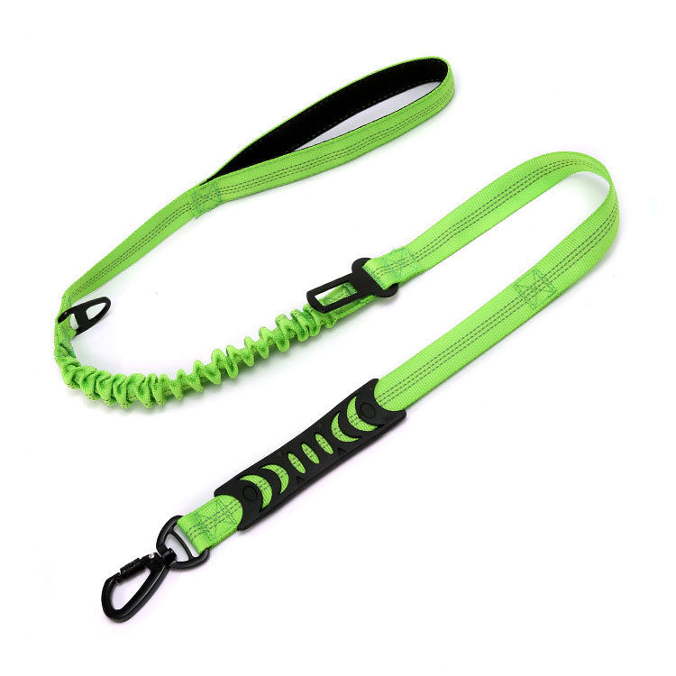 Green and black bungee dog leash on a white background with color swatches below.