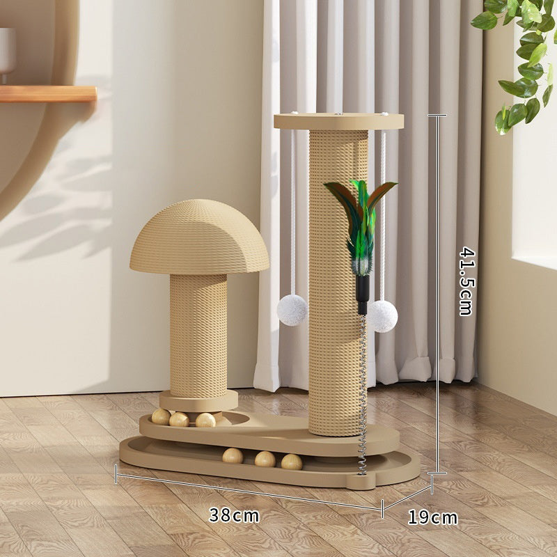 Cat play tower with dimensions on a wooden floor