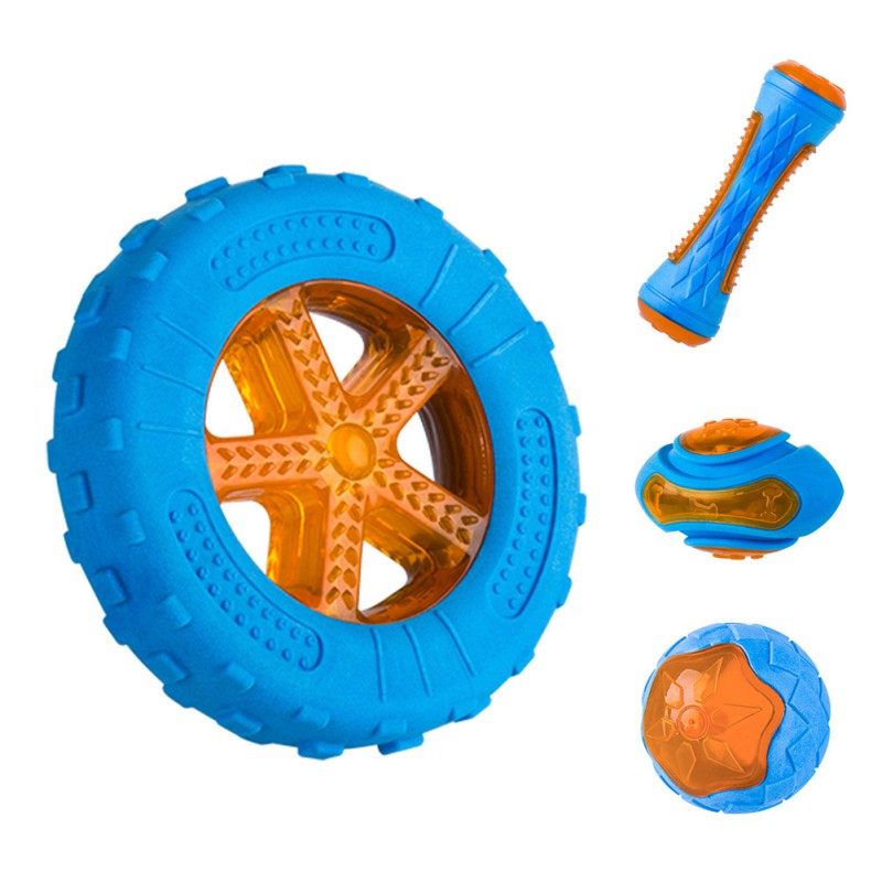 Set of blue and orange dog toys including a wheel, bone, footbal and ball on a white background
