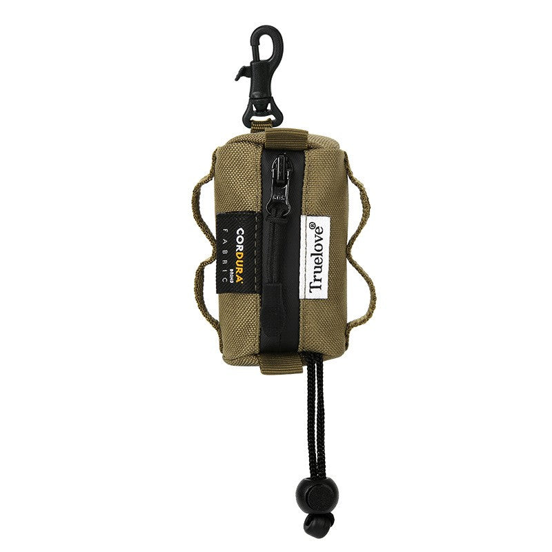 army color poop bag dispenser bag with black zipper and clip on a white background