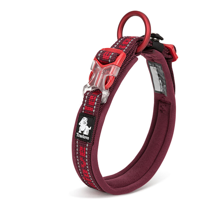 Red and burgandy dog collar with a visible brand logo on a white background