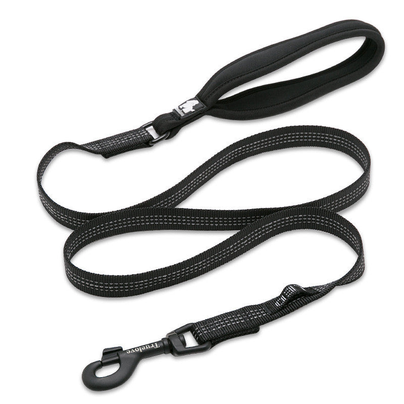 Black dog leash with a clip on a white background