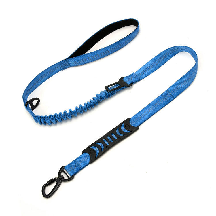 Blue and black dog leash with bungee feature on a white background