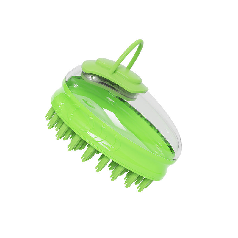 Green pet bath brush massager with bristles on a white background