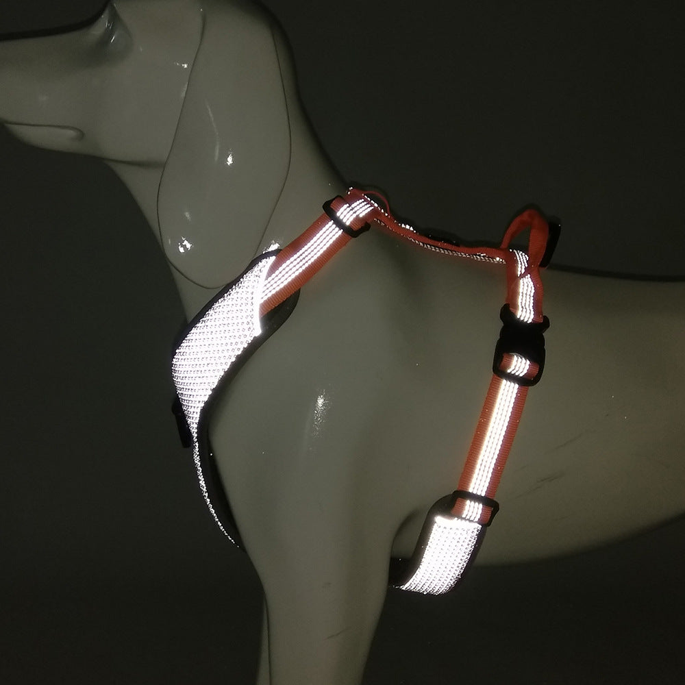 Reflective dog harness on a mannequin against a dark background