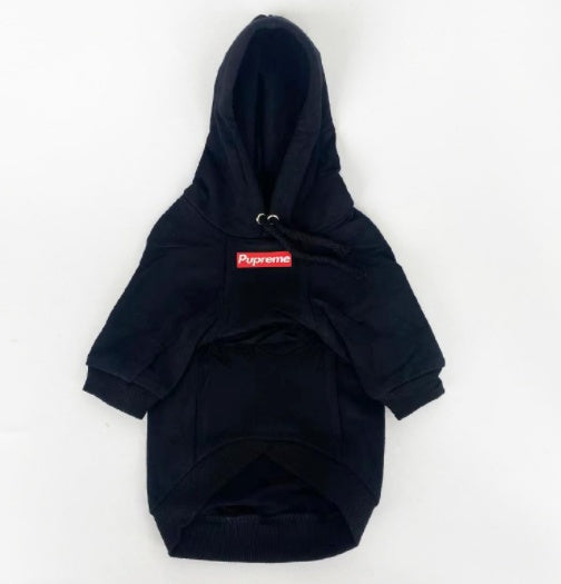 Black dog hoodie with a red and white logo on a white background