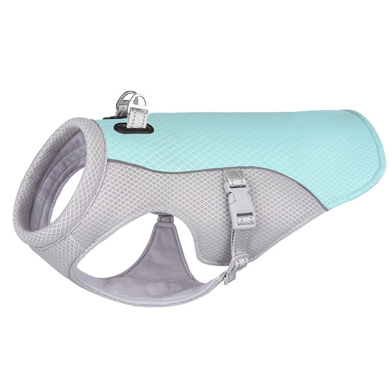 Dog COOLING VEST harness with teal and gray design on a white background