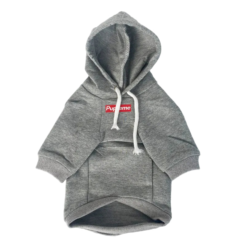 Gray hoodie with a red and white logo on a white background