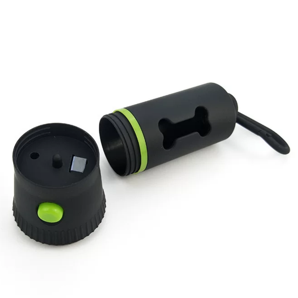 Black and green led poop bag dispenser with a handle on a white background