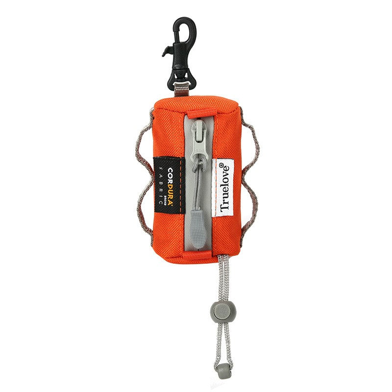 Orange poop bag pouch with tools and a clip on a white background