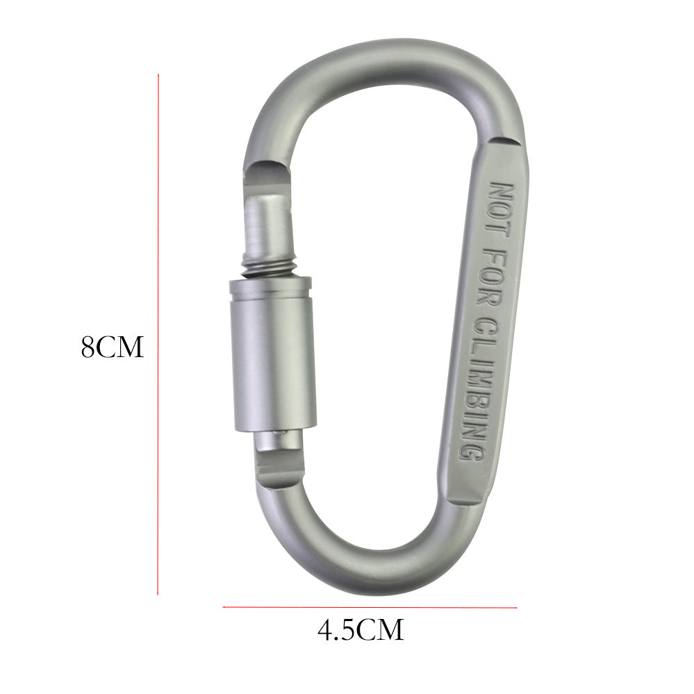 Silver carabiner with dimensions labeled on a white background