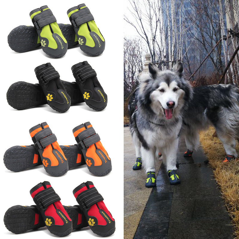 Set of dog boots in black, orange, and red with a dog wearing them outdoors.
