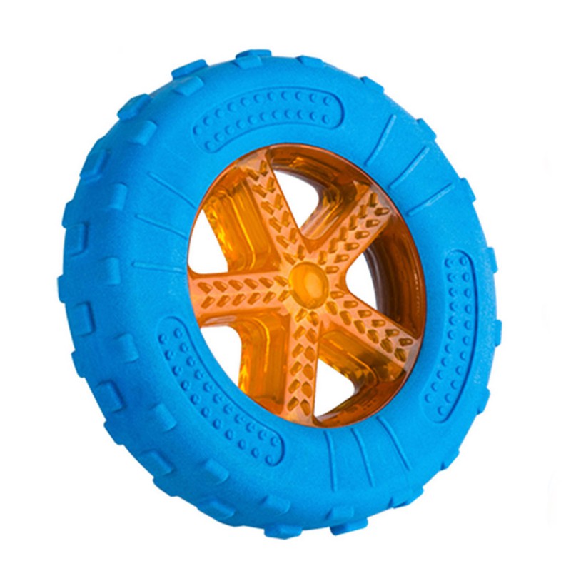 Blue toy tire with orange hubcap on a white background