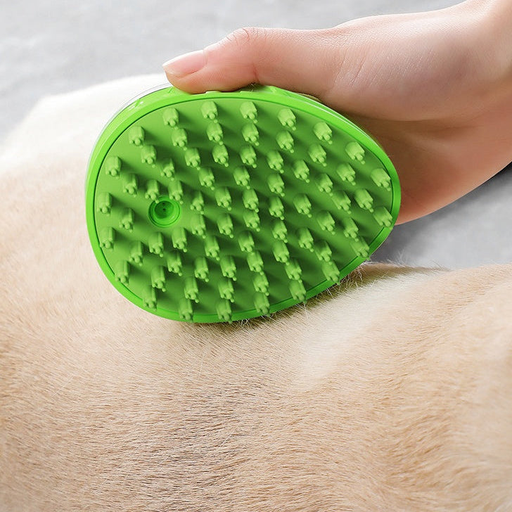 Green pet grooming brush being used on a dog's back