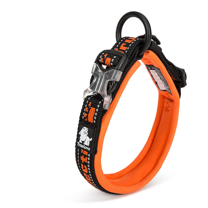 Orange and black dog collar with a brand logo on a white background