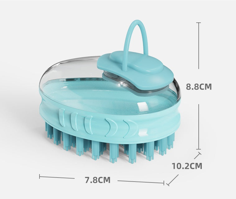 pet bath brush Turquoise scrubber with dimensions labeled on a white background