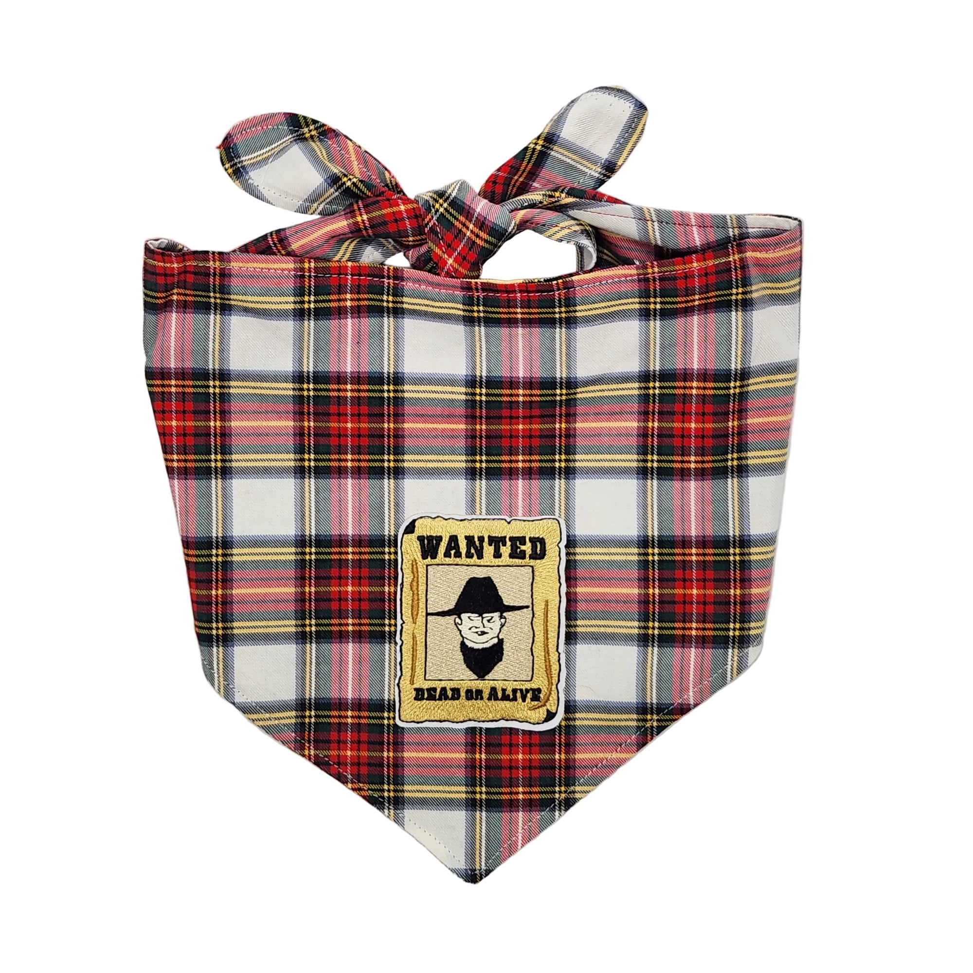 Plaid bandana with a 'Wanted' poster design on a white background