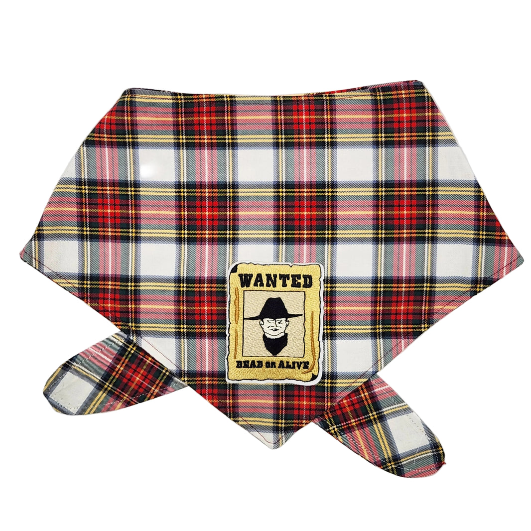 Plaid bandana with a wanted poster design on a white background