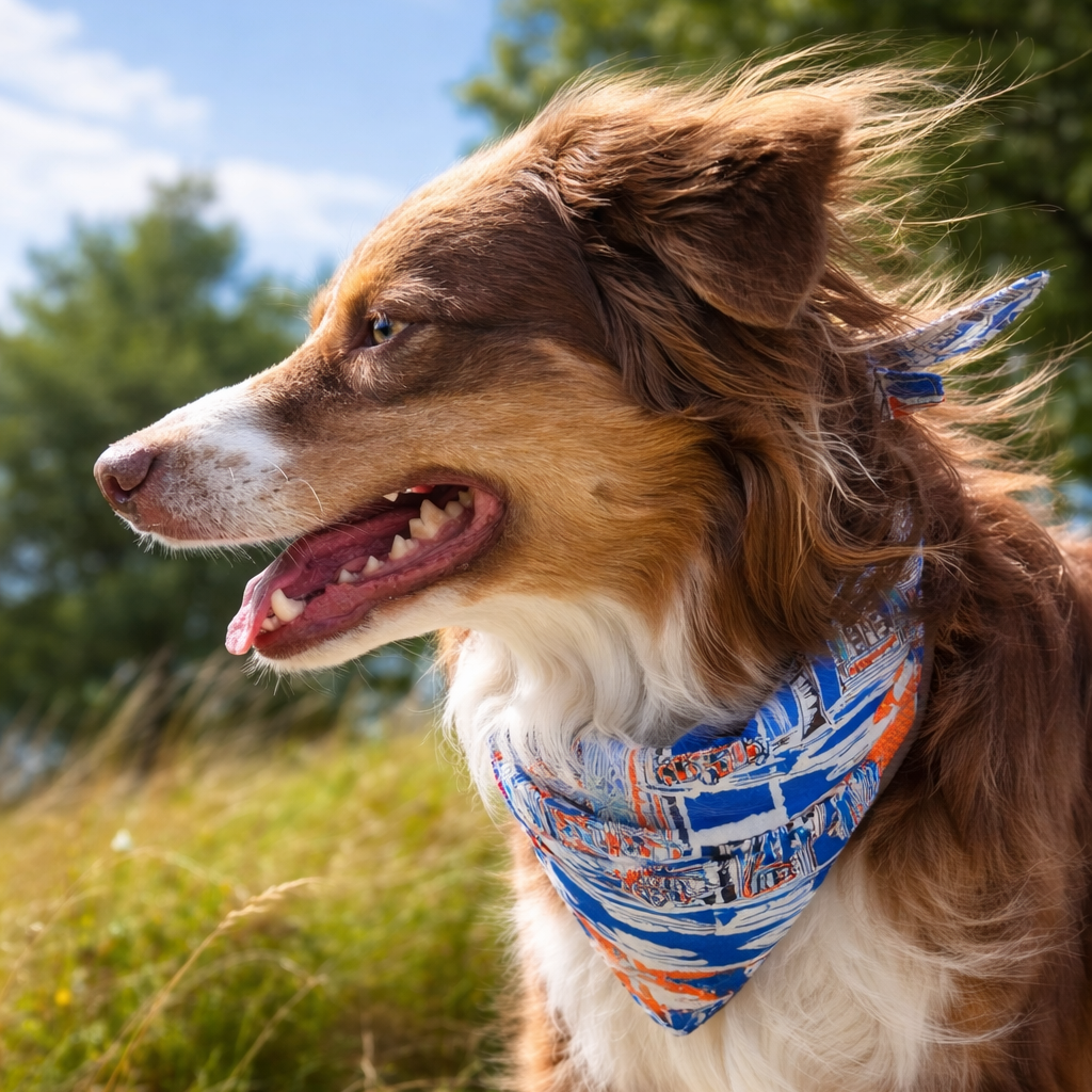 Dog wearing a colorful bandana outdoors with trees in the background
