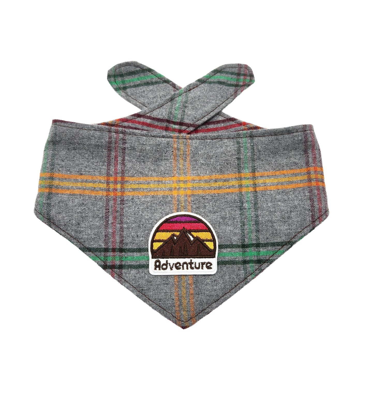 Plaid bandana with 'Adventure' logo on a white background