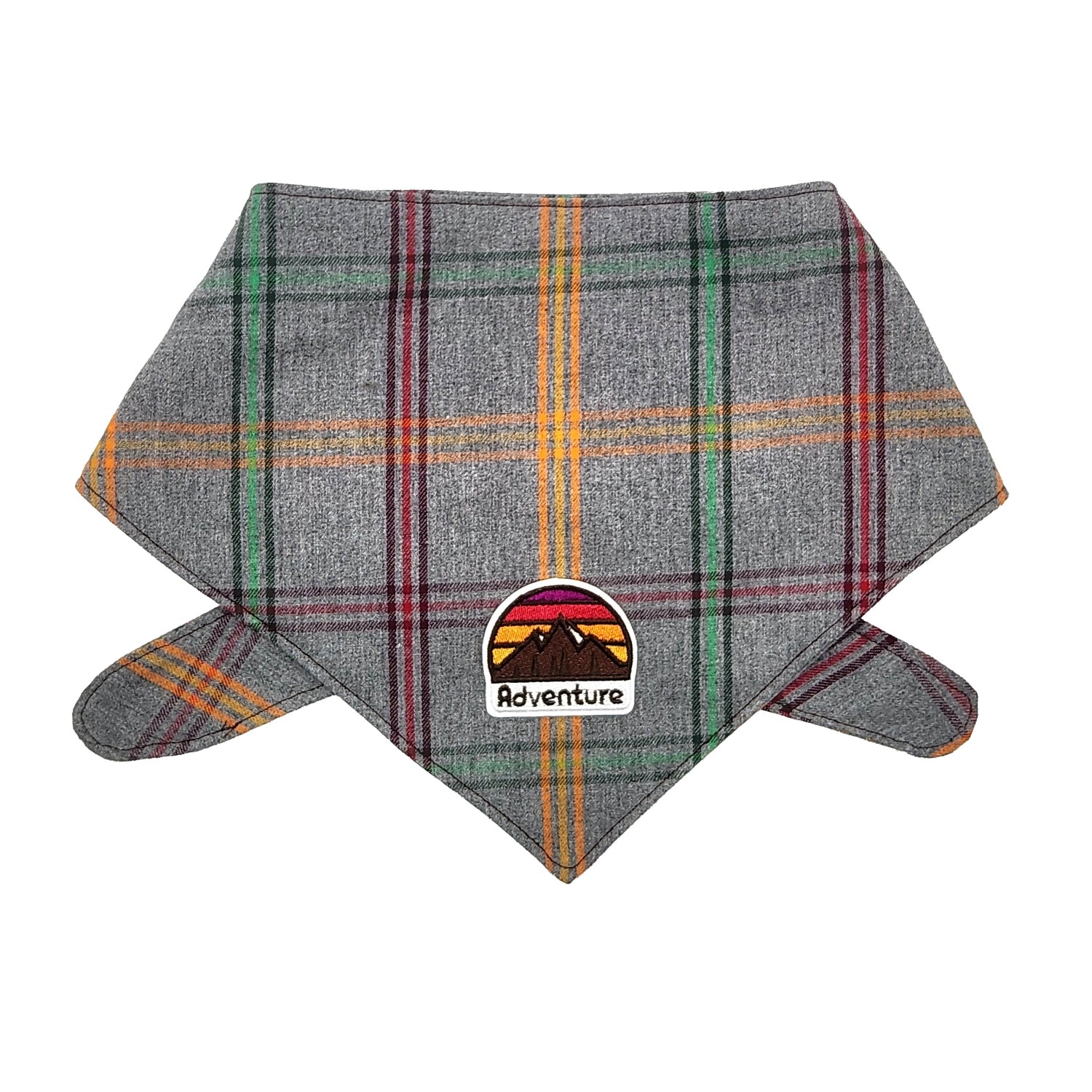 Plaid bandana with 'Adventure' patch on a white background
