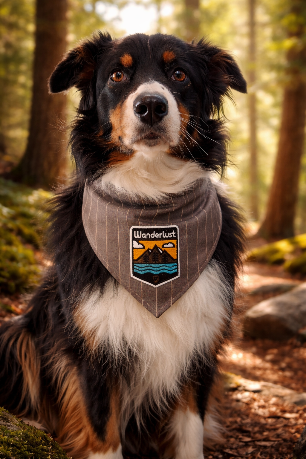 Australian shepherd wearing a bandana in the woods