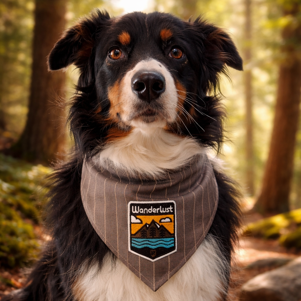 Australian shepherd wearing a bandana in the woods