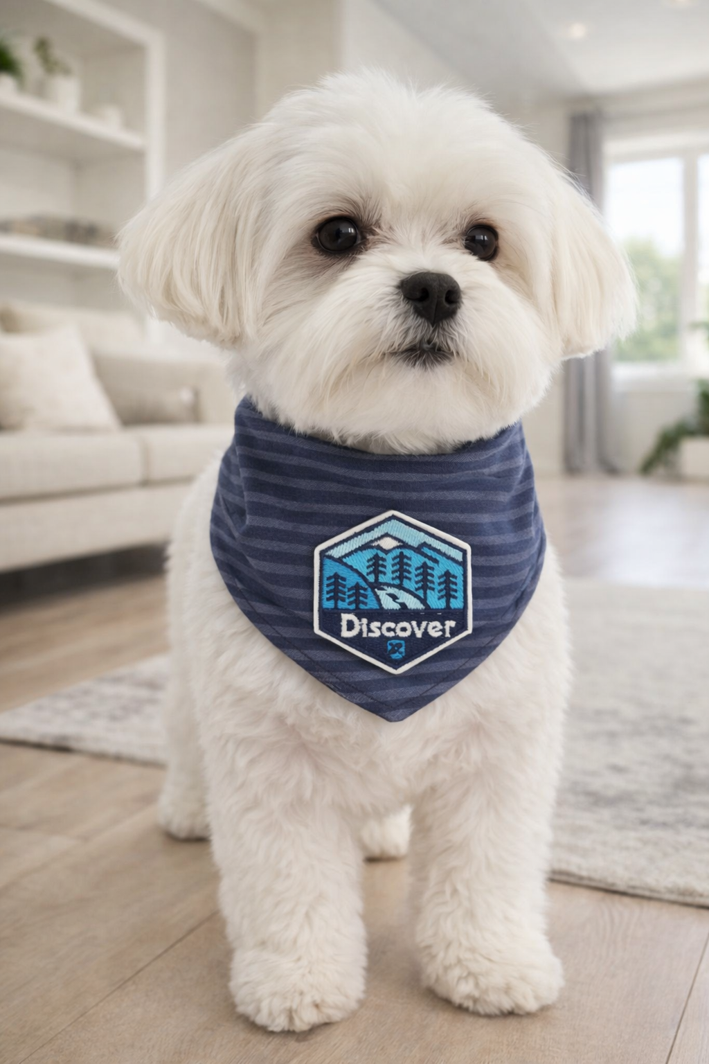 Small white dog wearing a blue bandana with a logo in a living room.
