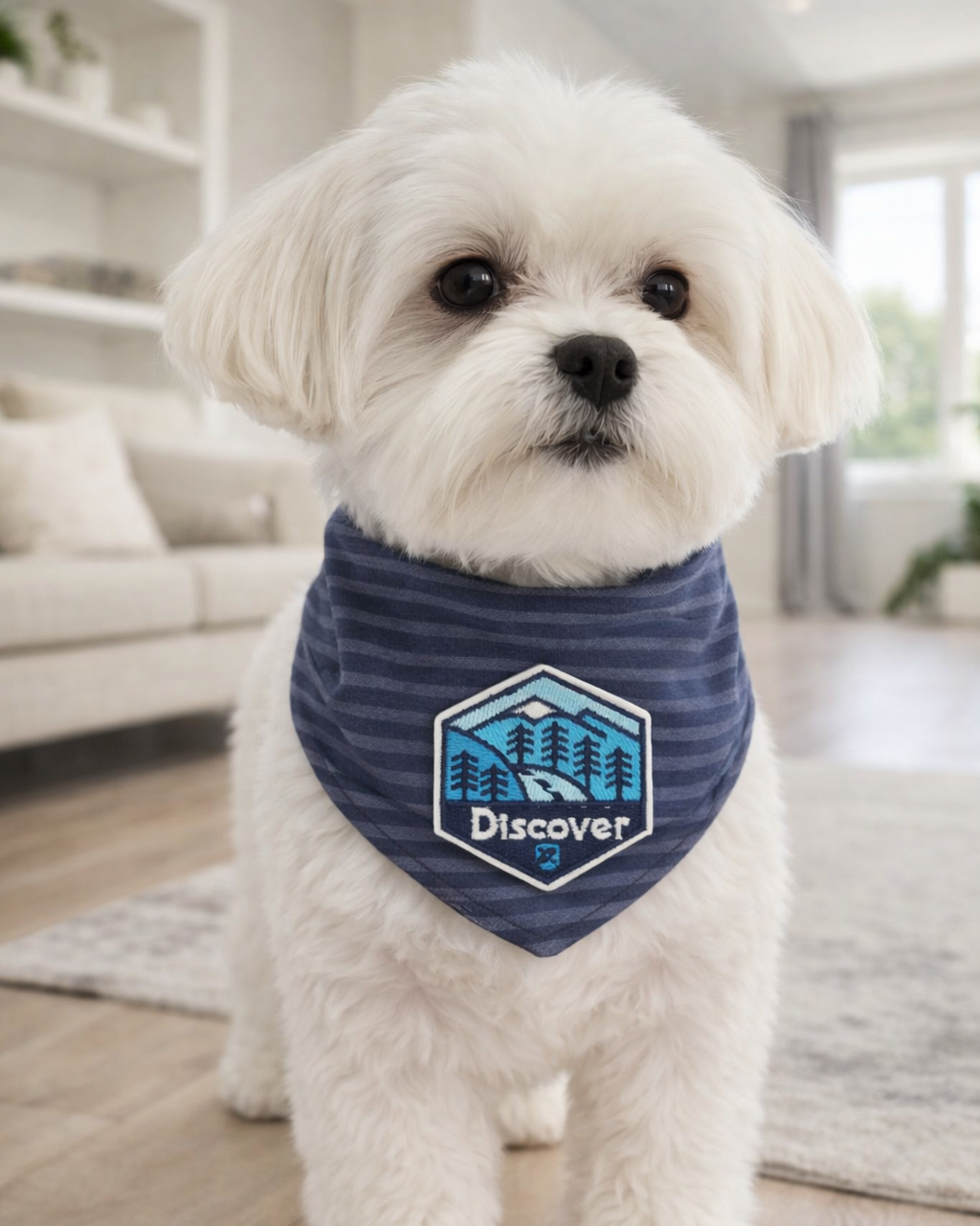 Small white dog wearing a blue bandana with a logo in a living room.