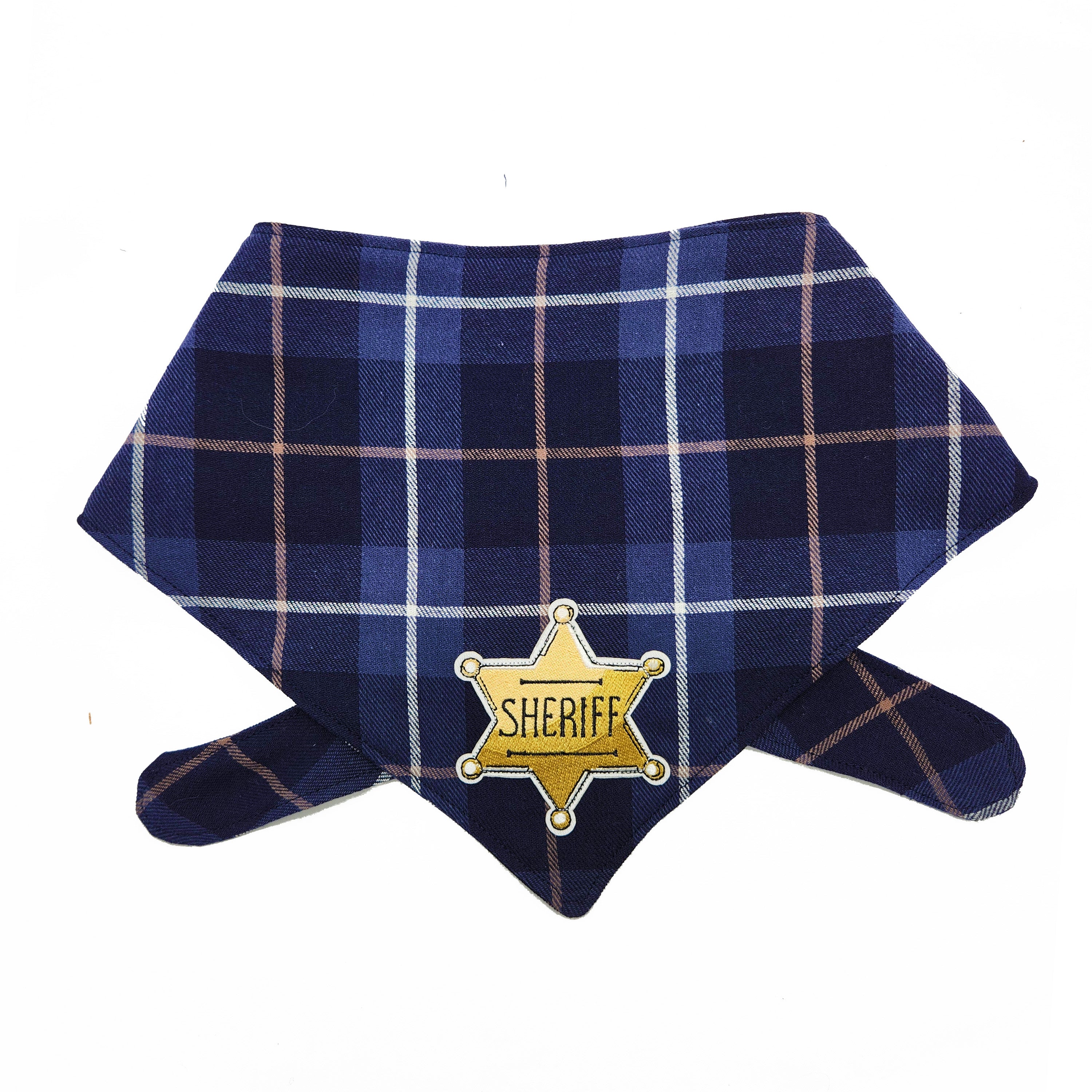 DOG Blue plaid bandana with a gold sheriff star badge on a white background