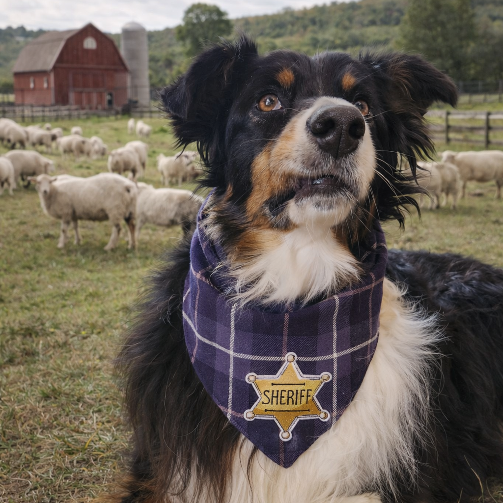 Dog wearing a 'Sheriff' bandana in a pastoral setting with sheep and a red barn.